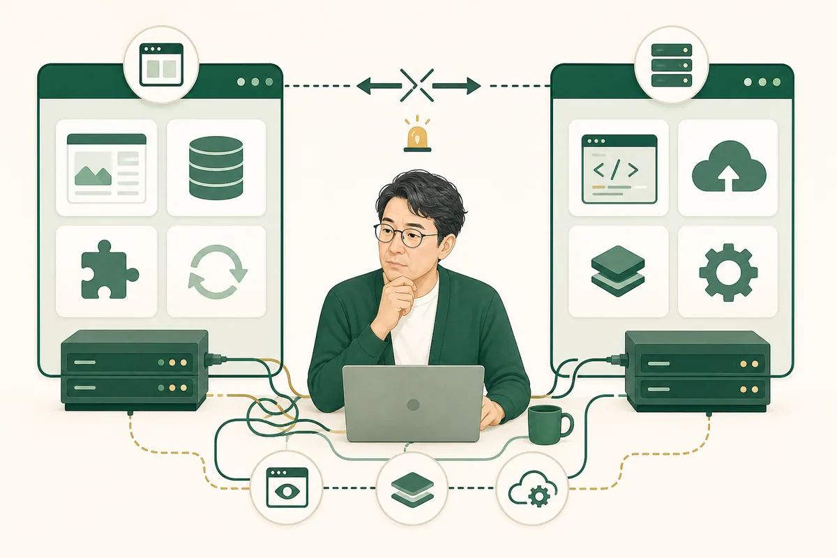 WordPress側とVercel側の2つの環境を見比べながら、連携やキャッシュの問題を調べるイラスト